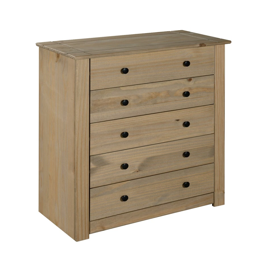 Panama Chest of Drawers 5 Drawer Solid Pine Wood Waxed Oak Finish - Image 2 of 4