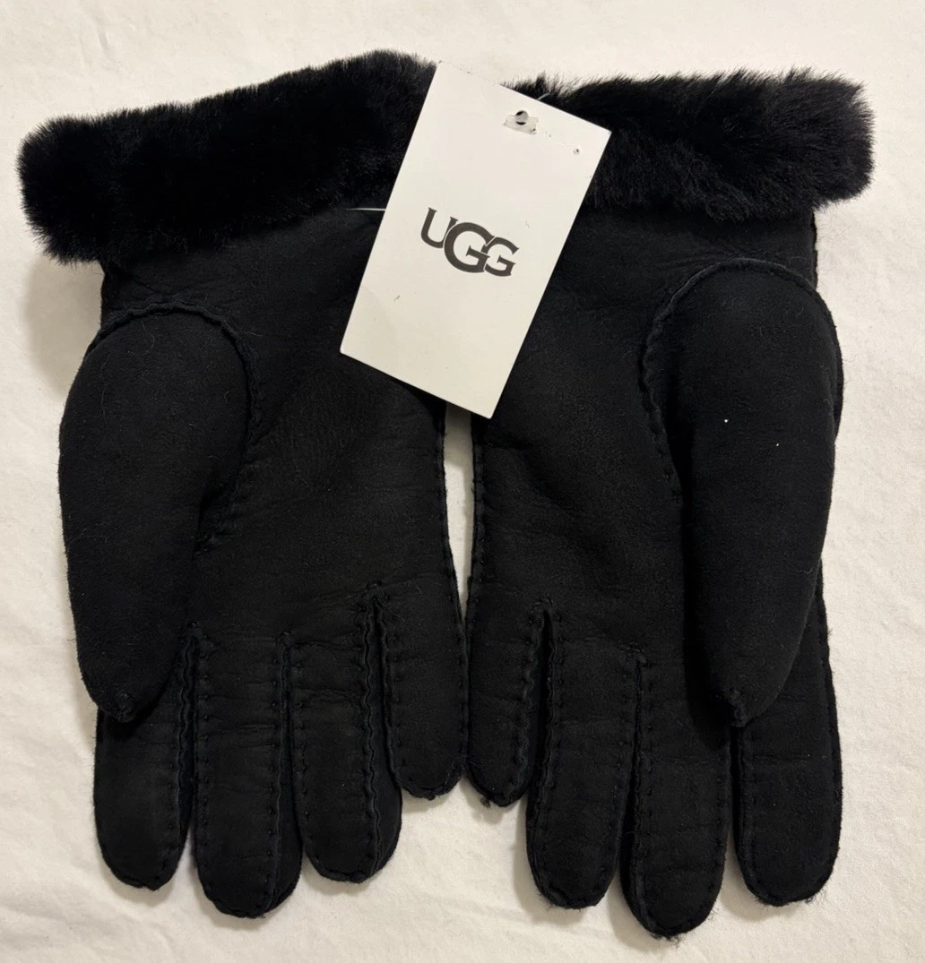 UGG Perforated Genuine Shearling Suede Gloves Black Women's Size M NWT