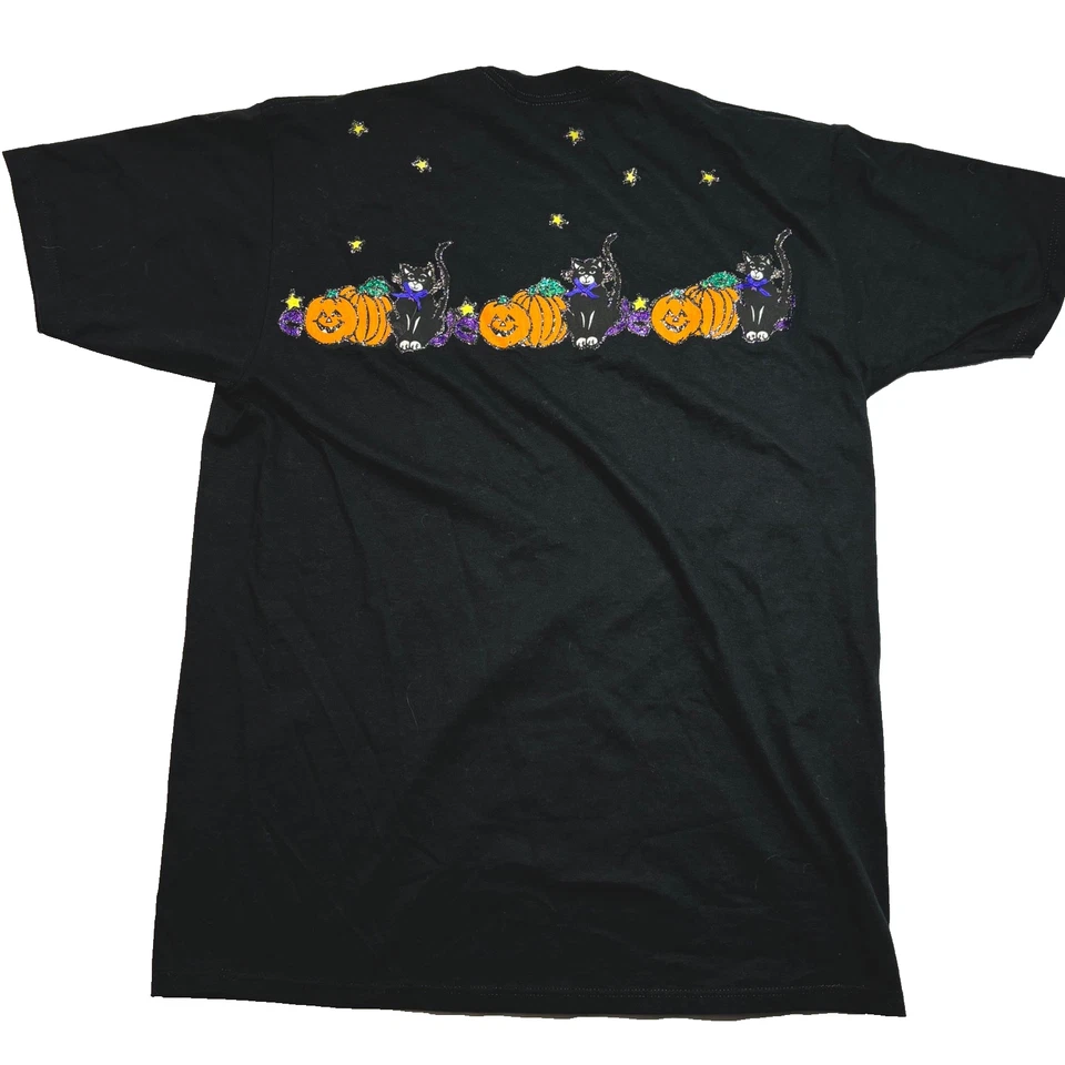 Camisa Vintage Halloween Calabaza Gato Camiseta Pintada Negra Doble Cara Camiseta LG Foto 4 de 4