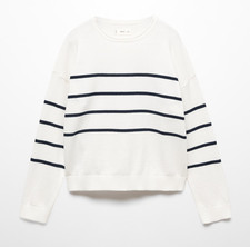 Mango Girls Sweater size 10-12 White with thin black stripes, 100% cotton - New 