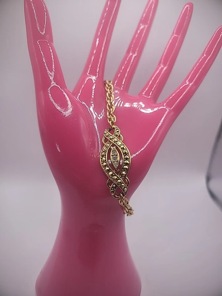 Pulsera Avon Vintage Tono Dorado Cadena Cristales Blanco Joyería Disfraz Foto 4 de 4