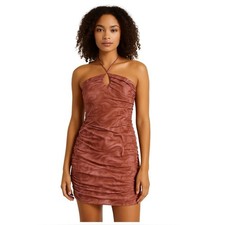 Halter Ruched Velvet Swirl Mini Pink Dress Womens Small