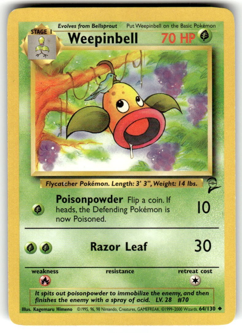 Weepinbell 64/130 - Uncommon - Vintage English Base Set 2 Pokemon Card - LP