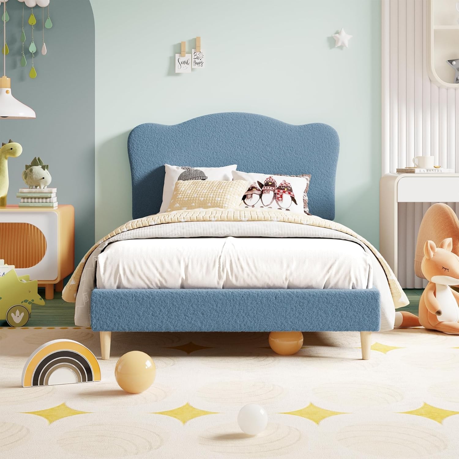 Blue Platform Bed With Headboard For Kids