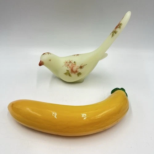 Vintage Fenton Glass Bird Of Happiness Roses On Custard Satin Uranium Figurine