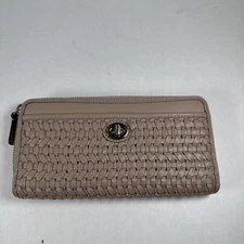 Gorgeous! Coach Beige Woven Leather Continental Zip Around Wallet With Turnlock