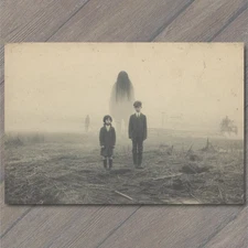 POSTCARD Foggy Field Ghost Woman Creepy Children Distant Horse Weird Haunting Mo