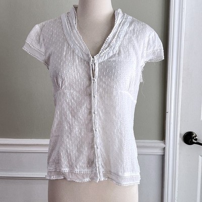 Edward Petite Swiss Dot Blouse PM Womens Lace Button Front White Cottagecore