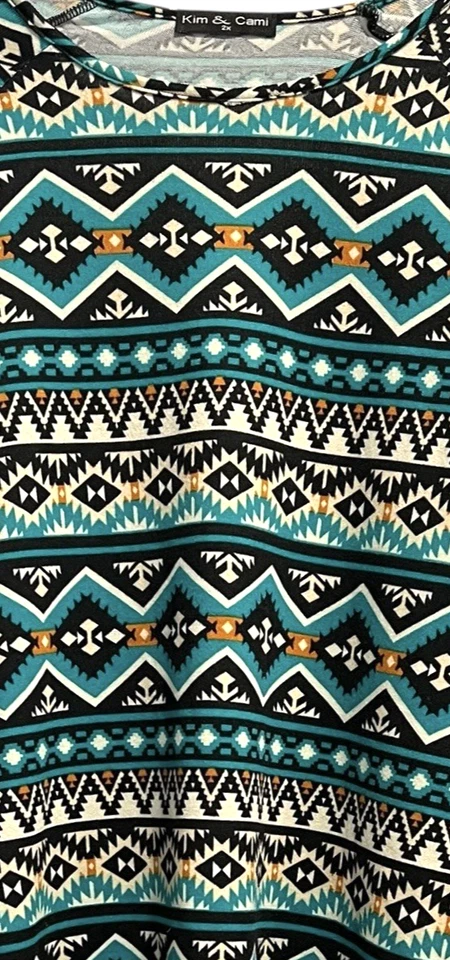 Top Kim Cami Talla 2X Turquesa Naranja Estampado Azteca Cuello Barco Manga 3/4 Túnica Foto 4 de 4