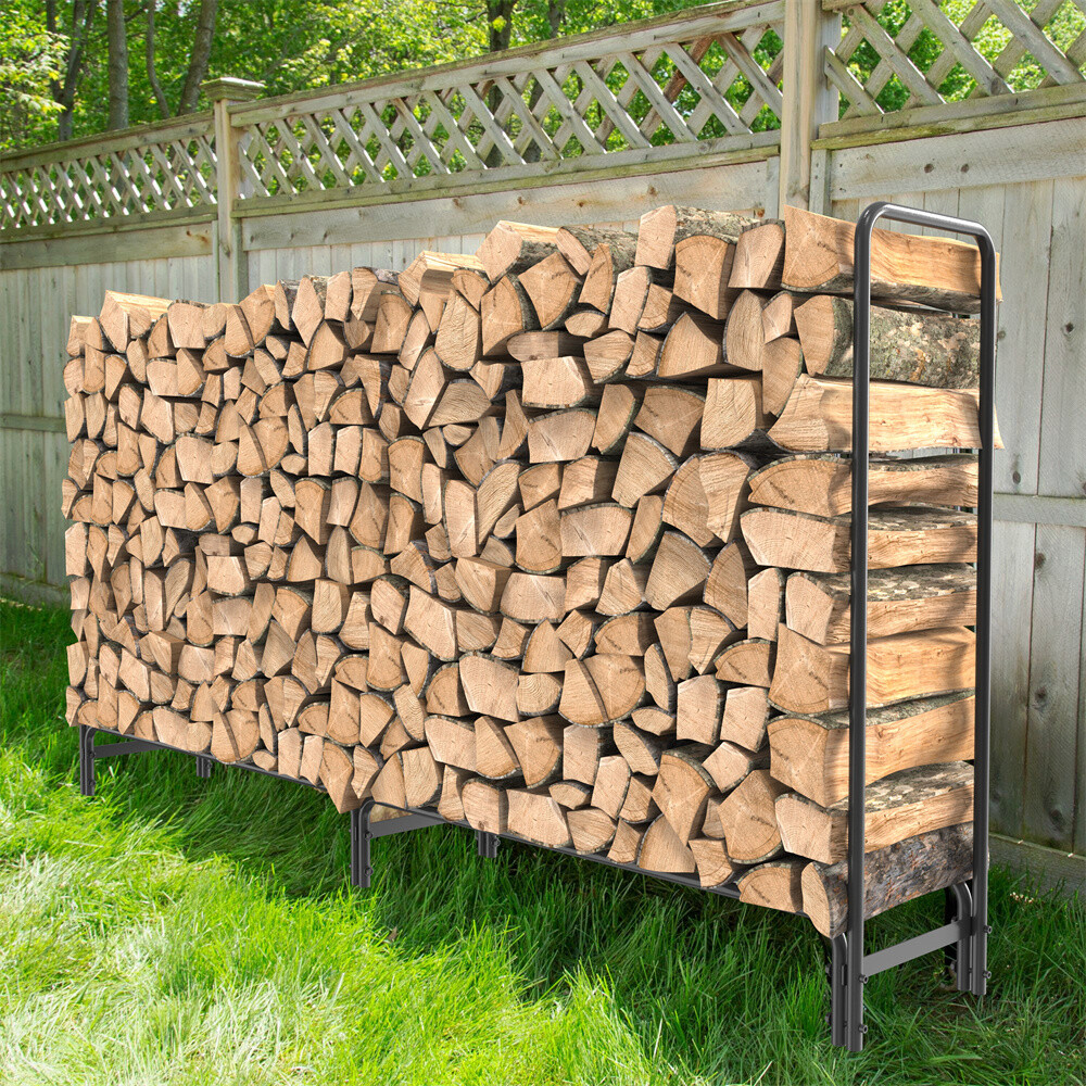 Adjustable Metal Firewood Rack – 12ft/8ft Length, Black Iron, Holds 408kg, For Indoor/Outdoor
