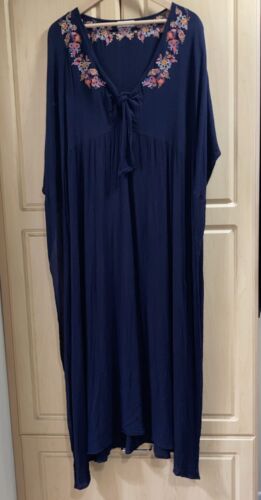Johnny Was Embroidered Kaftan Kimono Maxi Dress Bohemian Navy Large Seam FLAW