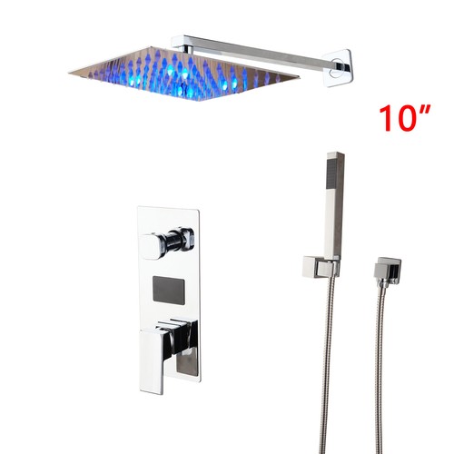 10" Chrome LED Bathroom 2-Way Rainfall Shower Set Mixer Wall Mounted Brass Units - Picture 2 of 11