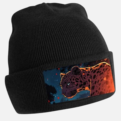 Black Beanie Hat with Cool Leopard Print - Unisex Cap, Cotton