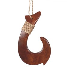 Extra Large Hawaiian Koa Wood Fish Hook 5" Hand Carved and Tied on Maui Hawaii