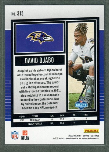 Tarjeta de novato 2022 Score David Ojabo #315 Ravens RC CANTIDAD - Imagen 2 de 2