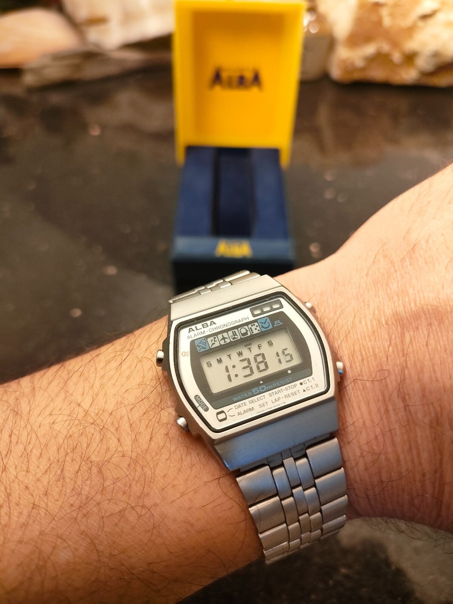 1980s Vintage Silver Blue Seiko Alba Digital Alarm