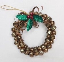 Vintage Jingle Bell Wreath Christmas Door Hanger Metal Curl Ribbon  Holly 6"