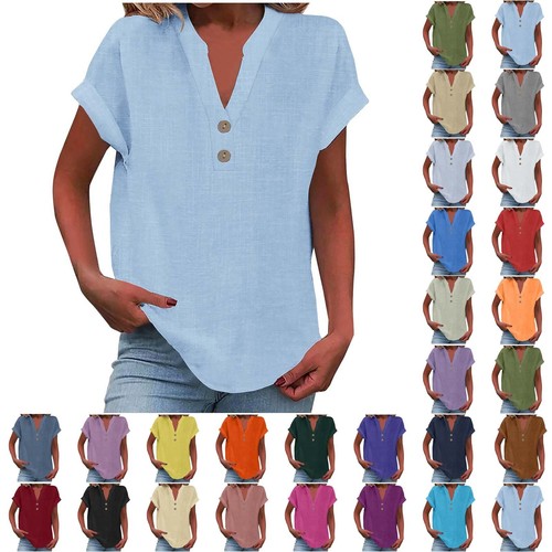 Womens Tshirts V Neck Short Sleeve Buttons Tops Tee Solid Color Blouse Loose Fit