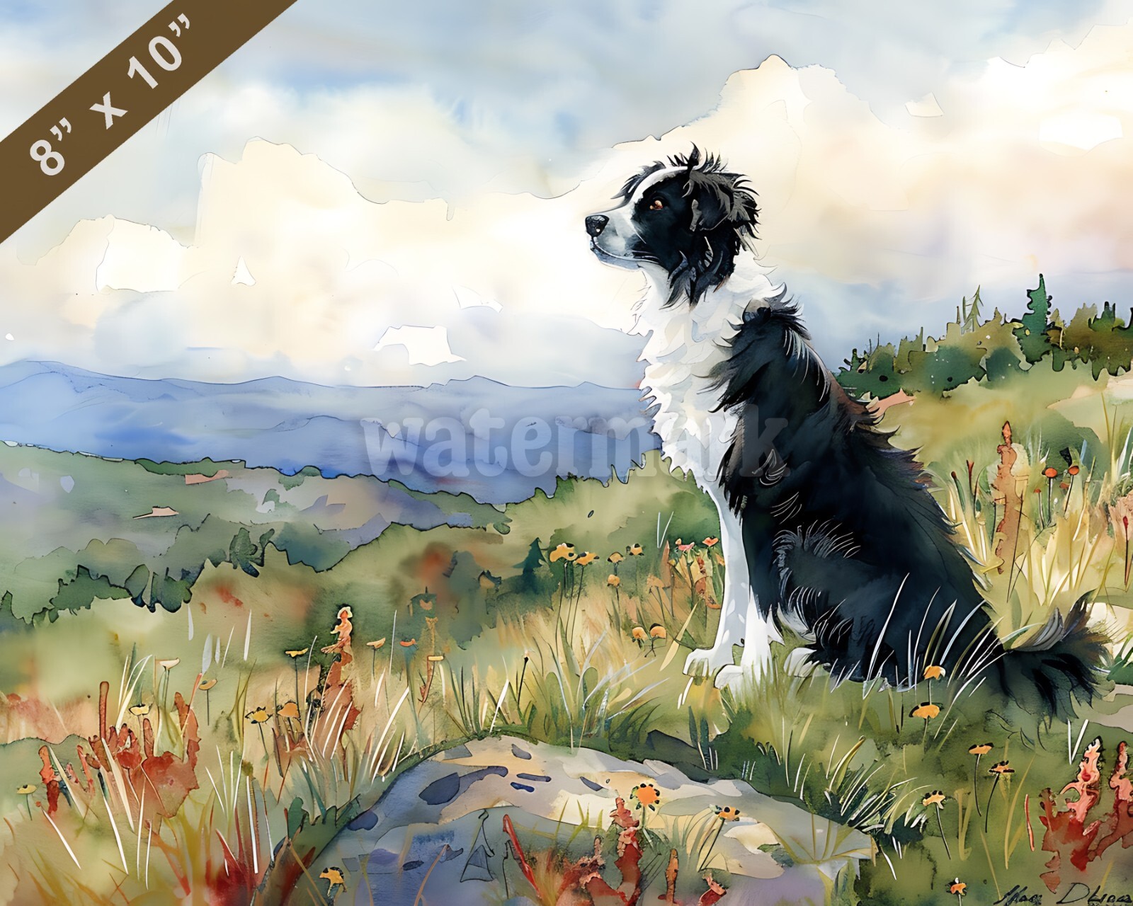 Border Collie watercolor painting by a scenic hillside  8x10 Print