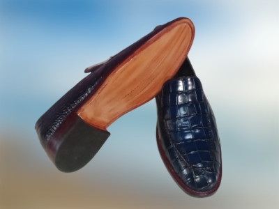 New Mens Blue Crocodile Dress Shoes, Men Blue Alligators Patterned Shoes