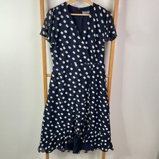 Jacqui-E Dress Womens 10 Blue White Polka Dots Faux Wrap Short Sleeve V-Neck