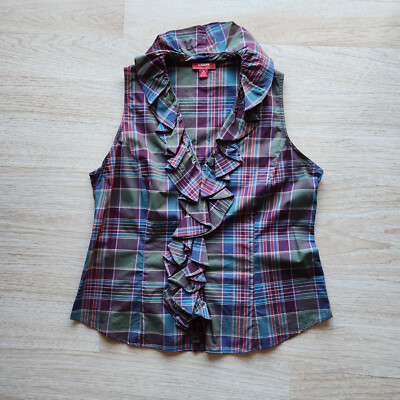 Chaps Plaid Ruffle Women Sz.16 Top Button-Down Sleeveless Multicolor 100% Cotton