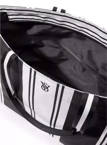 VICTORIA'S SECRET Striped Weekender Canvas Tote Bag Black White NWT - Picture 3 of 3