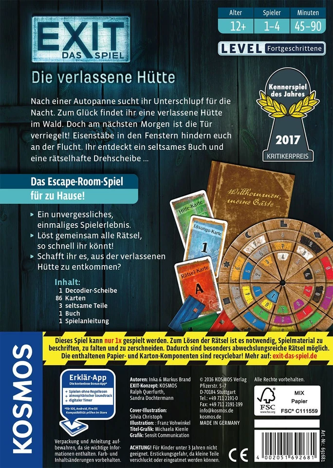 Kosmos 692681 EXIT - Das Spiel: Die verlassene Hütte  NEU OVP: - Bild 3 von 3