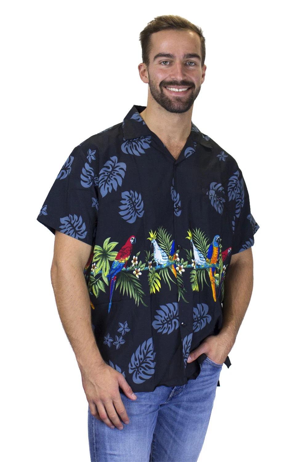 Funky Hawaiian Shirt Parrot Chest Print Black