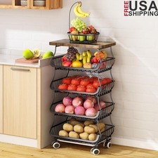 Metal Storage Cart W/ Wooden Top Stackable Baskets on Wheels Kitchen Organizer
