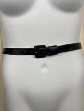 Vintage Anne Klein Navy Blue Embossed Logo Leather Narrow Belt Large 30-33in
