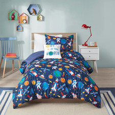 Outer Space Rocket Kids Comforter Set, Hypoallergenic Bedding, Full/Queen