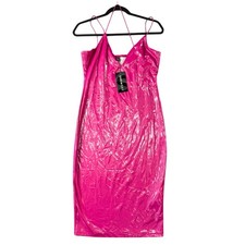 NWT SHEIN Hot Pink Metallic Crinkle Slip Dress Womens L Party Club Midi Y2K Glam