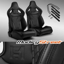 Black Stitching C-Series PVC Reclinable Left/Right Racing Seats Pair W/Slider