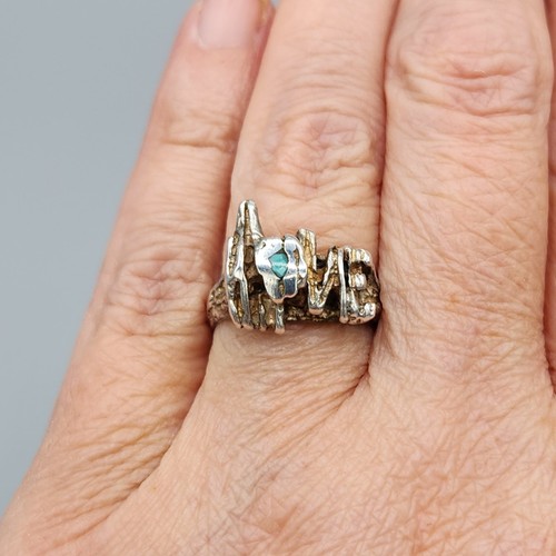 1970s Sterling Silver Turquoise Accent Nugget Brutalist LOVE Ring Sz 5.5 4.7g - Picture 8 of 16