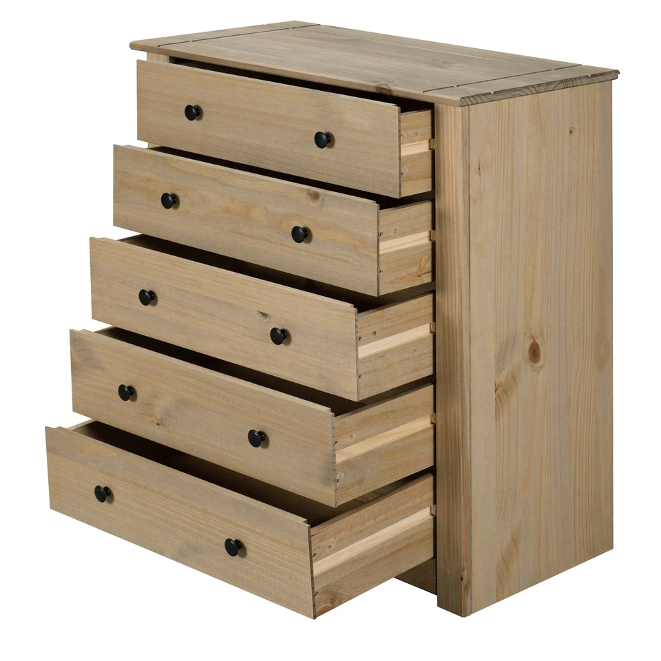 Panama Chest of Drawers 5 Drawer Solid Pine Wood Waxed Oak Finish - Image 3 of 4