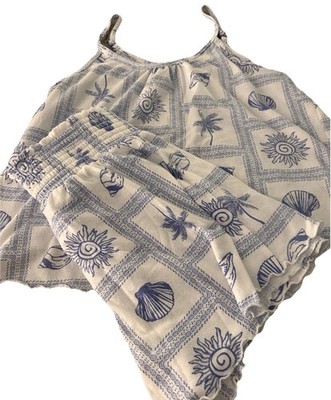 Pajama Set Women Small Oversized Tropical Shell Print 2pc Soft &Comfy White Blue