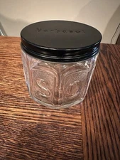 Vintage Barbasol  Glass Jar Embossed Raised Letters Black Metal Lid VGC.