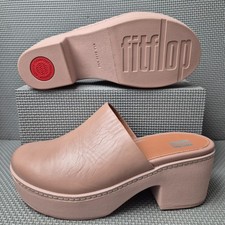 Fitflop Pilar Leather Platform Mule Shoes UK 6 Beige Taupe Heeled Clog Sandals