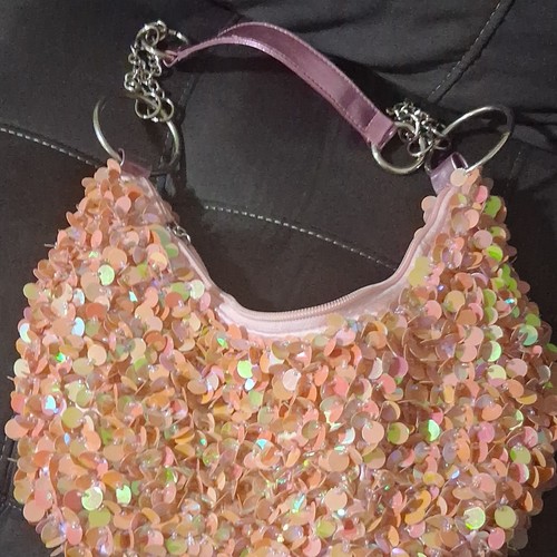Women’s Pink Iridescent Sequin Crescent Shoulder Bag Zip Detachable Chain Strap