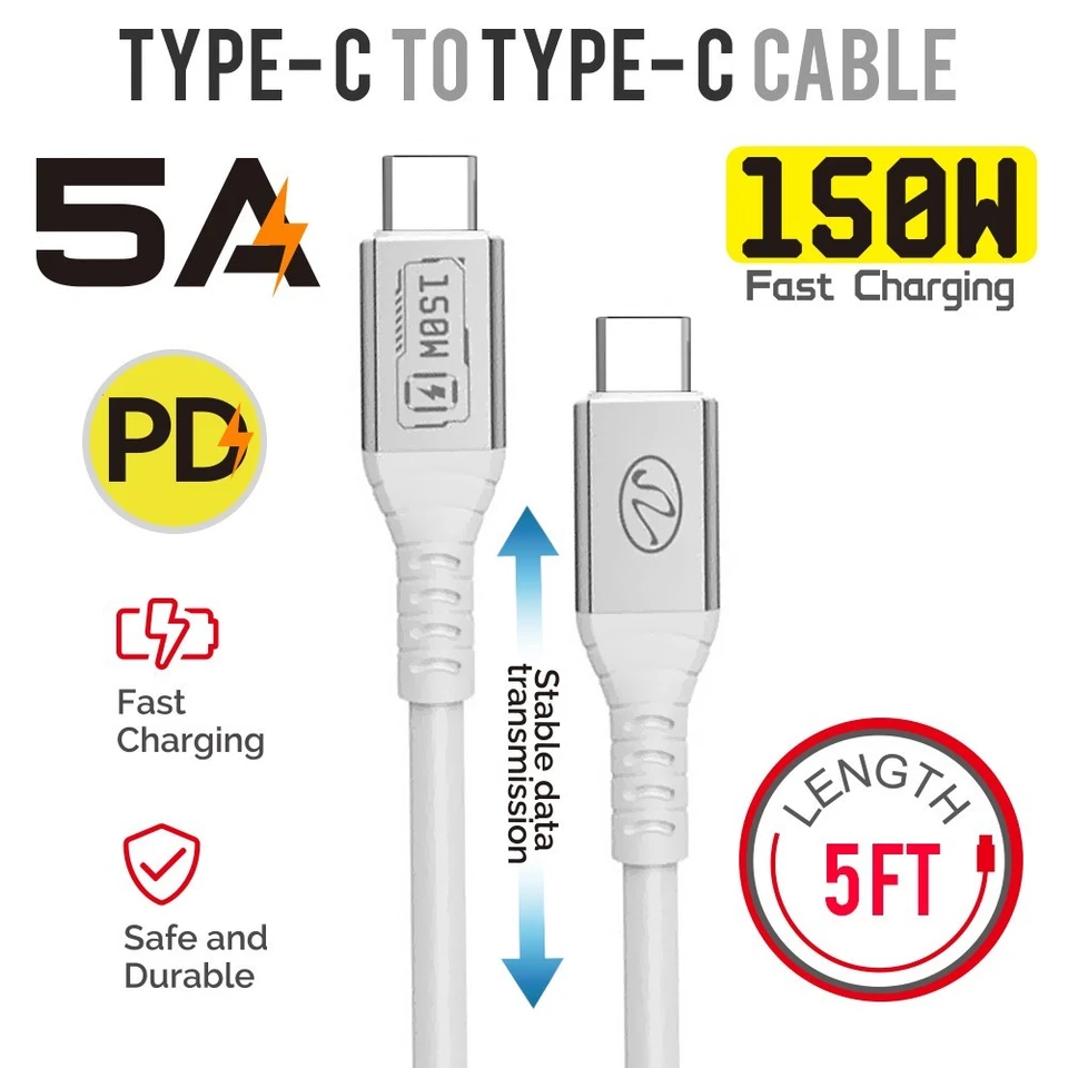 Universal Compatibility White 5A PD 150W 5Ft USB C to USB C Fast Charging Cable - Image 1 of 4