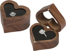 LETURE Wood Ring Display Box with Transparent Cover Single Slot 2 Slot, Heart Sh