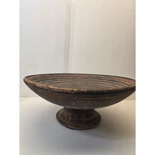 16 Inch Footed Bowl Rustic Earthenware Look Distressed Brown Black Finish