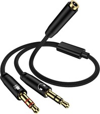 Headphone Mic Splitter for PC, Braided 3.5mm Female to 2 Dual Male Pure Black