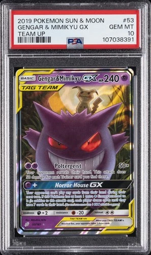 2019 POKEMON SUN & MOON TEAM UP #53 GENGAR & MIMIKYU GX PSA 10