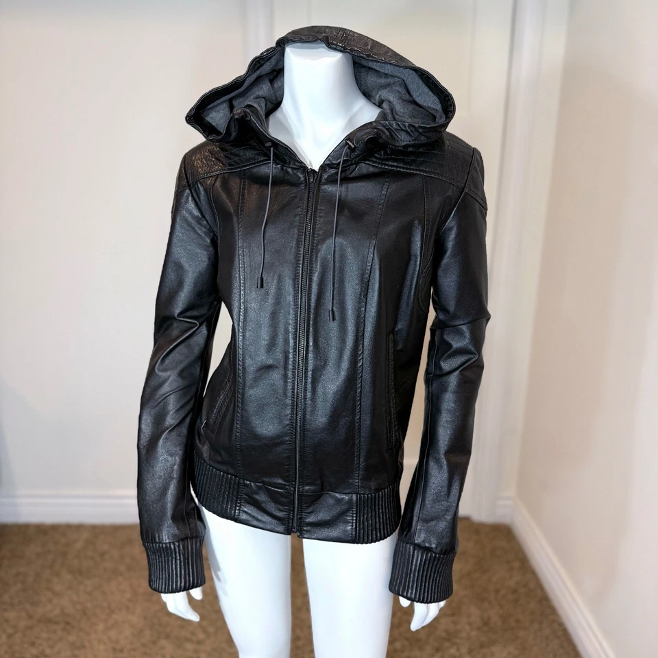 CHAQUETA CON CAPUCHA DE CUERO DANIER para mujer L negra con capucha bomber manga extra larga Foto 2 de 4