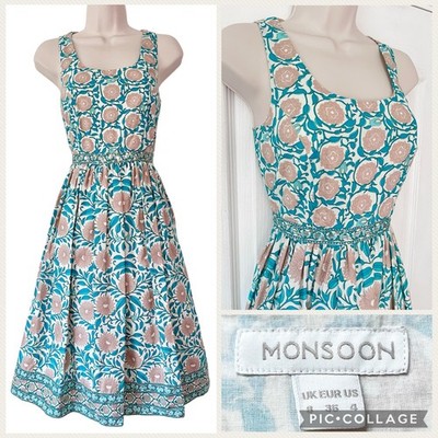 MONSOON Baumwolle Heritage Kleid Größe 8 Blumenmuster 50er Jahre Stil Anlass Party