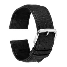 Leather Watch Bands 24mm Classical Grain Replacement Thin Strap Black Silver