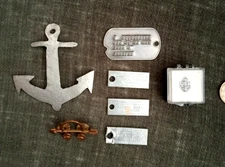 S Navy Lot – Dog Tag, Laundry/ID Tags “HNS-339”, Anchor, Sterling USN Pin in Box