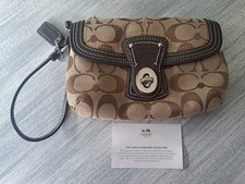 Coach Legacy Signature Brown Canvas Leather Trim Flap Wristlet Coin Wallet